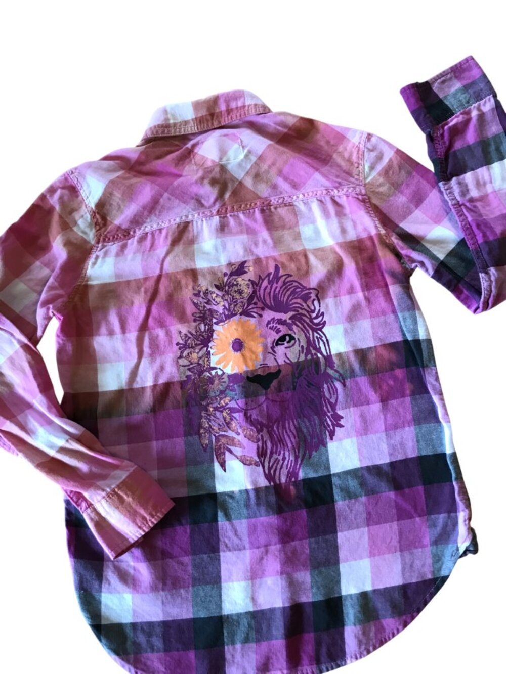 Upcycled Bleached Flannel Shirt, Painted Fancy Lion Purple Pink, Small Petite